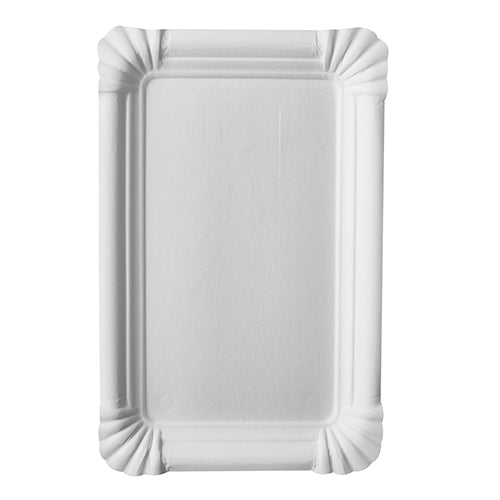 The PAPSTAR 250 plate, cardboard "pure" square white from PAPSTAR GmbH is a simple, rectangular white tray with raised, ribbed edges and rounded corners, made of eco-friendly virgin fiber board and photographed from above on a white background.