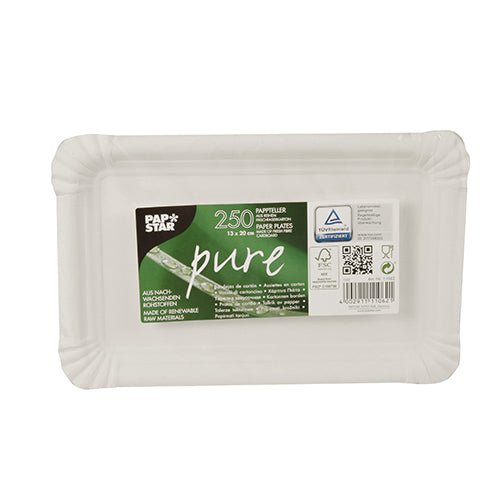 A pack of 250 white rectangular PAPSTAR 250 plates, "pure" cardboard rectangular white from PAPSTAR GmbH, made from fresh fiberboard and provided with environmental certifications, shown in packaging with the inscription "PAPSTAR pure".