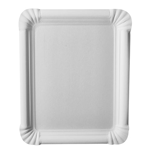 PAPSTAR 250 plate, cardboard "pure" square white from PAPSTAR GmbH: a rectangular white paper plate with ribbed, raised edges and rounded corners, made of eco-friendly virgin fiber board, photographed from above on a white base.