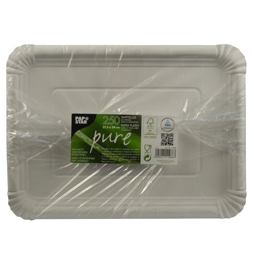 A stack of 250 PAPSTAR "pure" square white paper plates made from virgin fiberboard, eco-friendly packed in plastic, with a green label with product info and certification logos by PAPSTAR GmbH.