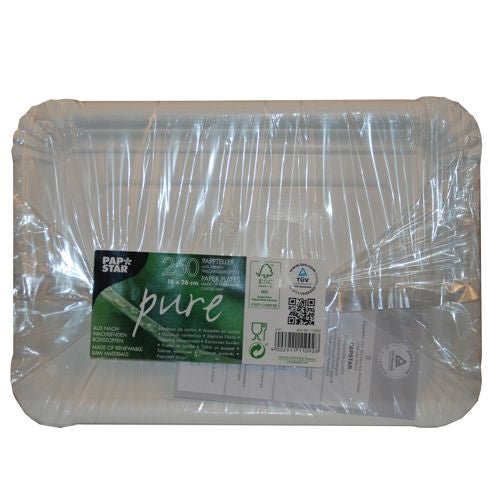 A pack of 250 rectangular white PAPSTAR "pure" paper plates from PAPSTAR GmbH, environmentally friendly, in clear foil with "PAP STAR pure" label, recycling symbols and product information.
