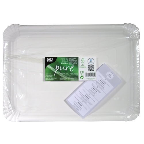 A stack of 125 white rectangular PAPSTAR plates 24x33 cm cardboard "pure" from PAPSTAR GmbH is packaged in plastic and labeled with environmental and recycling information, indicating the sustainable disposable tableware.