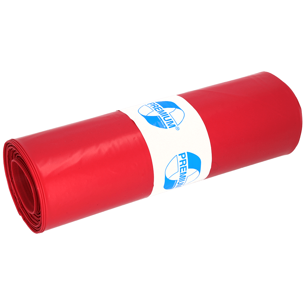 A tightly rolled bundle of DEISS 11102 garbage bags 700x1100 mm Type 100 red (25 pieces) from EMIL DEISS KG, secured with a white label with blue "PREMIUM" graphics on a light background - ideal for efficient waste disposal.