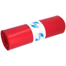 A tightly rolled bundle of DEISS 11102 garbage bags 700x1100 mm Type 100 red (25 pieces) from EMIL DEISS KG, secured with a white label with blue "PREMIUM" graphics on a light background - ideal for efficient waste disposal.