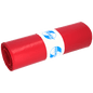 A tightly rolled bundle of DEISS 11102 garbage bags 700x1100 mm Type 100 red (25 pieces) from EMIL DEISS KG, secured with a white label with blue "PREMIUM" graphics on a light background - ideal for efficient waste disposal.