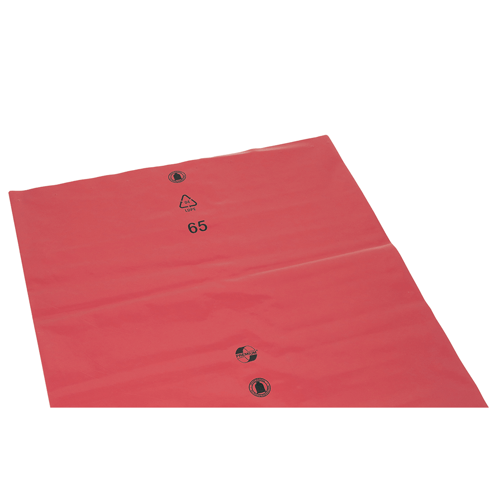 A flat, red plastic film or bag (15 mm) from EMIL DEISS KG, model DEISS 11106 - 700x1100x0.15 mm red | Carton (75 pieces), shows three black symbols, including a recycling sign and the number 65 on a white background.