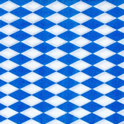 The PAPSTAR GmbH 100 napkins, 1-ply 1/4-fold 33 x 33 cm, are adorned with a blue and white diamond pattern in a Bavarian style and are FSC-certified and environmentally friendly.