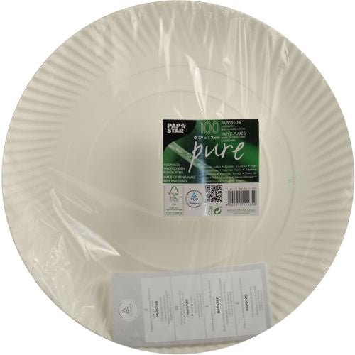 A transparent plastic packaging with 100 PAPSTAR 100 plates, cardboard "pure" round from PAPSTAR GmbH with ribbed edges. The label on the front shows brand information, eco-friendly symbols like sustainable cardboard plates, and a barcode.
