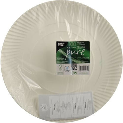 A transparent plastic packaging with 100 PAPSTAR 100 plates, cardboard "pure" round from PAPSTAR GmbH with ribbed edges. The label on the front shows brand information, eco-friendly symbols like sustainable cardboard plates, and a barcode.