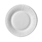 The PAPSTAR GmbH PAPSTAR 100 plates, cardboard "pure" round, white extra strong is a simple, round white plate made of FSC-certified fresh fiber cardboard with a raised, corrugated edge, depicted on a white background.