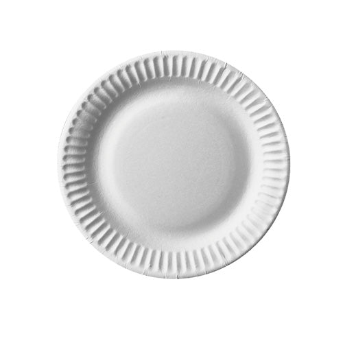 The top view shows a plain white PAPSTAR 100 plates, cardboard "pure" round from PAPSTAR GmbH with FSC certification and a structured, corrugated edge on a white background.