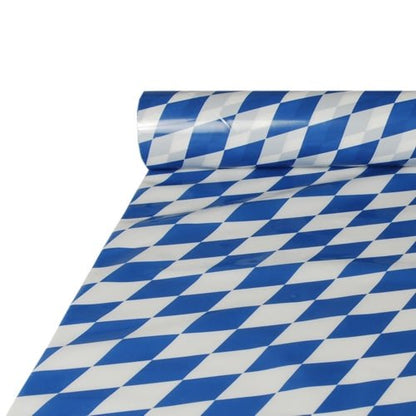 A Starpak tablecloth film (1 roll), 20 m x 1 m, features a shiny Bavarian blue and white diamond pattern inspired by the Bavarian flag and is ideal for festive occasions.