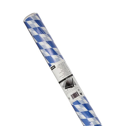 A roll of Starpak tablecloth, film 20 m x 1 m "Bavarian Blue" with blue and white diamond pattern; shown diagonally, the label is visible at the bottom. Brand: Starpak.