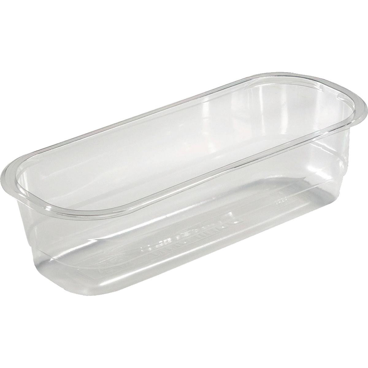 The APET tray Transparent 260x110x68 mm from Duni GmbH, ideal for food, is a clear rectangular food container with slightly rounded corners and a flat bottom, shown empty on a white background. Package: 350 pieces.