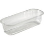 The APET tray Transparent 260x110x68 mm from Duni GmbH, ideal for food, is a clear rectangular food container with slightly rounded corners and a flat bottom, shown empty on a white background. Package: 350 pieces.