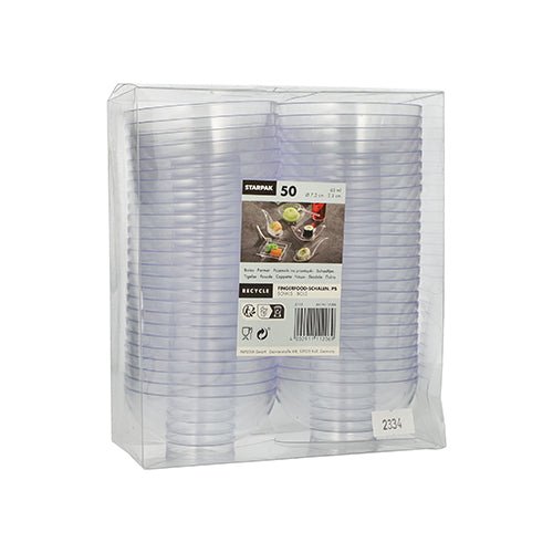 The Starpak 50 finger food bowl set includes transparent disposable cups made of PS in a clear plastic packaging with a label featuring the brand, recycling symbol, and images of drinks and snacks – ideal for events.