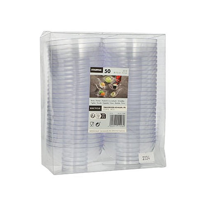 The Starpak 50 finger food bowl set includes transparent disposable cups made of PS in a clear plastic packaging with a label featuring the brand, recycling symbol, and images of drinks and snacks – ideal for events.