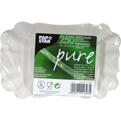 A rectangular, white disposable paper tray from PAPSTAR GmbH with a wavy edge. The label reads "PAPSTAR pure" and contains 100 environmentally friendly cardboard trays (9x14x1.3 cm) for catering needs.
