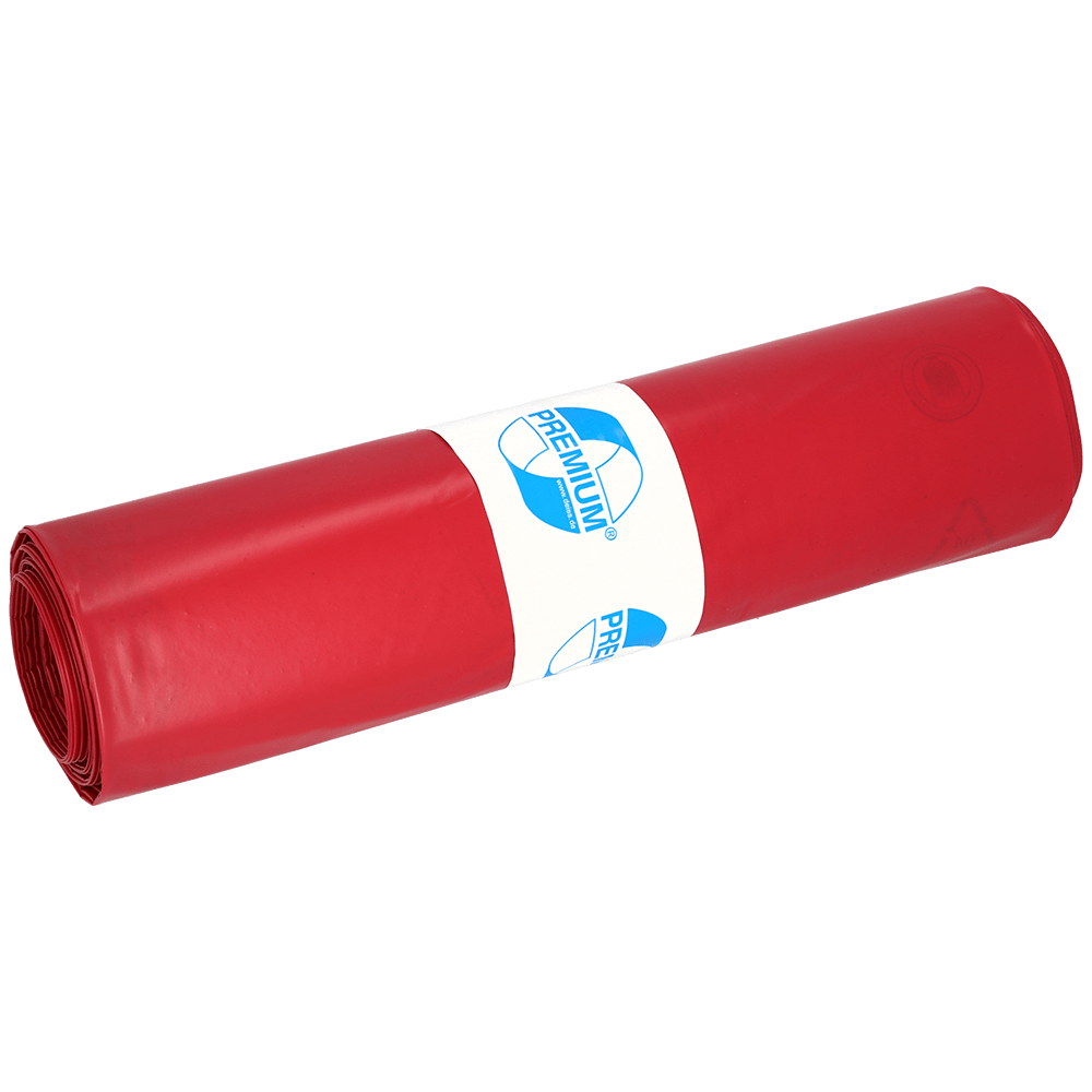 A roll of red DEISS 11306 garbage bags (800x1000x0.1 mm, 15 pieces) from EMIL DEISS KG (GmbH + Co.), packaged in a white label with blue text and graphics, is depicted on a plain light background.