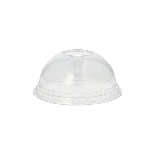 The Starpak 50 dome lid "Hurricane" is a clear, round dome lid made of PET without a hole (Ø 9.5 cm, height 4.5 cm), ideal for securely sealing cups or containers for drinks or desserts, meeting various packaging requirements.