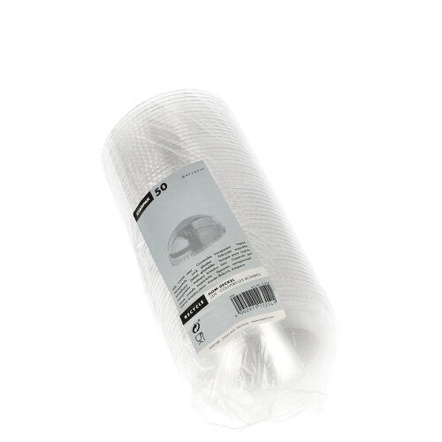 A sealed plastic package contains 50 round, transparent Starpak "Hurricane" PET lids (without hole), Ø 9.5 cm x 4.5 cm, with a white-gray label with product details.