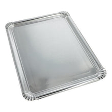 The Starpak 10 serving plates (34 x 45.5 cm, silver, rectangular, PET-coated) made of cardboard present food in style; pack of 10, ideal for elegant occasions—shown on a white background.