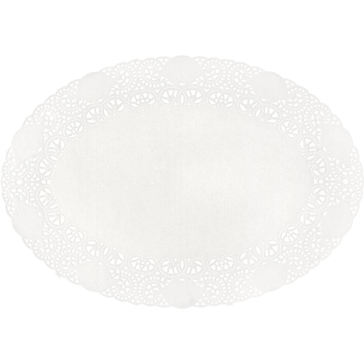 The oval white paper doily cake lace oval 17x24 cm by Duni GmbH (package of 250 pieces) has a decorative lace edge and a smooth center - perfect for decorating cakes and pastries. Pictured on a white background.