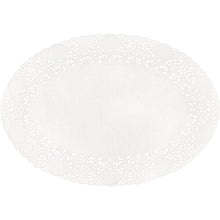 The oval white paper doily cake lace oval 17x24 cm by Duni GmbH (package of 250 pieces) has a decorative lace edge and a smooth center - perfect for decorating cakes and pastries. Pictured on a white background.