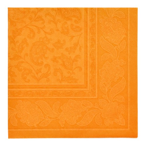 The napkins "ROYAL Collection" 1/4-fold 40x40 cm by PAPSTAR GmbH 20 Napkins in orange have an embossed floral and leaf border with a subtle swirl design in the center - ideal for elegant table decoration.