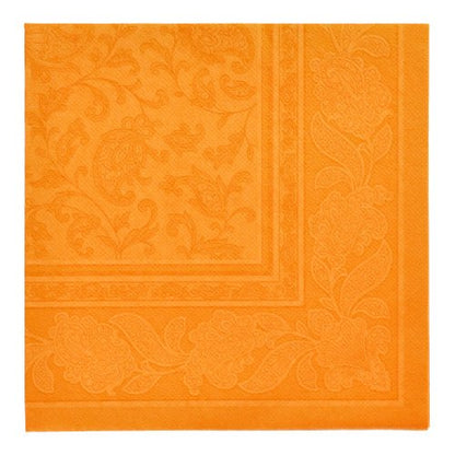 The napkins "ROYAL Collection" 1/4-fold 40x40 cm by PAPSTAR GmbH 20 Napkins in orange have an embossed floral and leaf border with a subtle swirl design in the center - ideal for elegant table decoration.