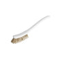 A Haug Bürsten KG UNIVERSAL BRUSH NARROW, PEEK NATURAL, 0.40MM MEDIUM (295x25x23) with beige bristles and a curved handle designed for precise cleaning is shown on a solid white background.