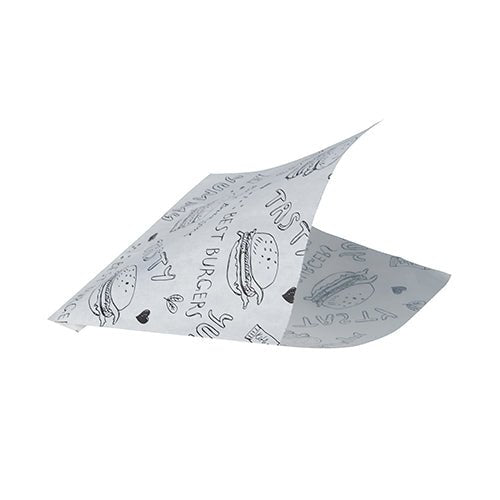 A PAPSTAR 1000 hamburger bag sheet (parchment substitute, greaseproof) from PAPSTAR GmbH, white like newspaper, shows black burger illustrations, "TASTY", hearts, and doodles, with two corners slightly raised as if folded or floating.