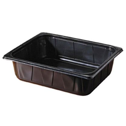The PP Tray 1/2 GN Black PP 325x265 from Duni GmbH is a rectangular black food tray with raised edges and a flat bottom, ideal for catering or gastronomy, depicted on a white background.