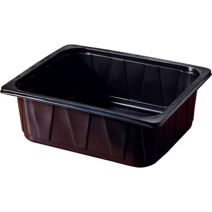 The Duni GmbH PP Tray 1/2 GN Black PP 325x265 is a rectangular, deep black food dish with slightly slanted sides and a smooth edge, ideal for gastronomy or catering, depicted on a white background.