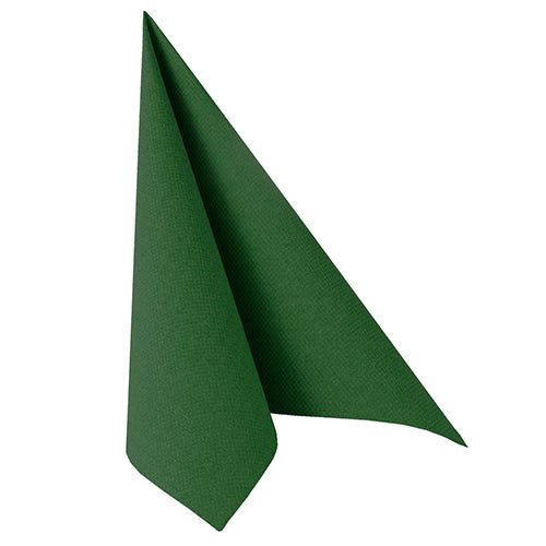 The napkin PAPSTAR GmbH 50 napkins "ROYAL Collection" 1/4-fold 40 x 40 cm green is elegantly folded upright in a triangle shape, perfect for festive occasions, and stands on a plain white background.