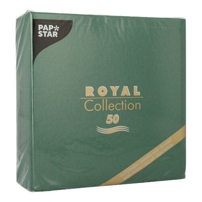 The PAPSTAR GmbH 50 napkins "ROYAL Collection" 1/4-fold 40 x 40 cm in green are adorned with gold-white lettering on the packaging and a small golden diagonal stripe in the lower right corner.