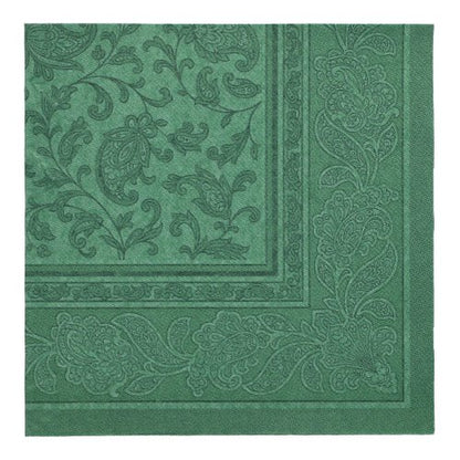 PAPSTAR 50 napkins "ROYAL Collection" 1/4-fold, 40 x 40 cm, green from PAPSTAR GmbH with embossed paisley and floral pattern on the edge and in the middle, from a bird's eye view on white background.