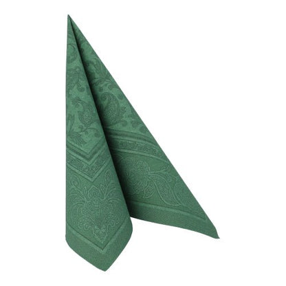 The green napkin PAPSTAR 50 napkins "ROYAL Collection" 40 x 40 cm of the PAPSTAR GmbH, folded upright in a triangle, shows a subtle paisley pattern on a white background.