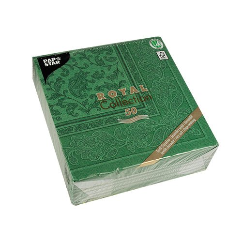 A green package PAPSTAR 50 napkins "ROYAL Collection" (1/4 fold, 40x40 cm) of the PAPSTAR GmbH, adorned with gold-colored text - the perfect napkins for festive occasions.
