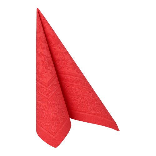 The red napkin PAPSTAR 50 napkins "ROYAL Collection" 40 x 40 cm from PAPSTAR GmbH is folded upright into a pointed, triangular shape against a white background.