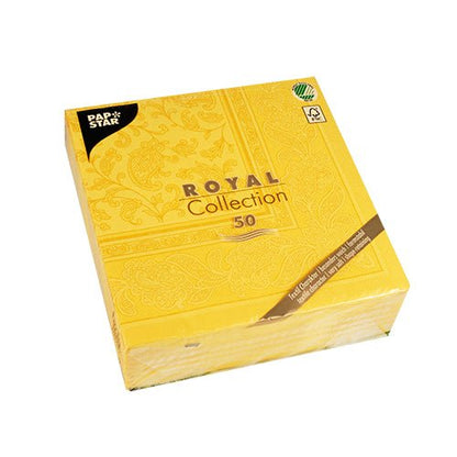 Depicted is a sealed pack of 50 PAPSTAR GmbH "ROYAL Collection" napkins 1/4-fold, 40 x 40 cm, yellow, with embossed floral packaging, on a white background.
