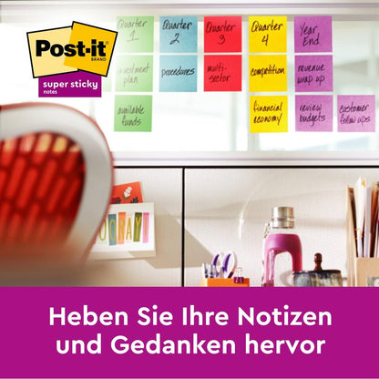 A row of colorful 3M Deutschland GmbH Post-it® Super Sticky Notes (76 mm x 76 mm, 90 sheets/block, 100% PEFC) with handwritten labels is arranged on a glass wall above a desk. Below, the German text reads: "Highlight your notes and thoughts.