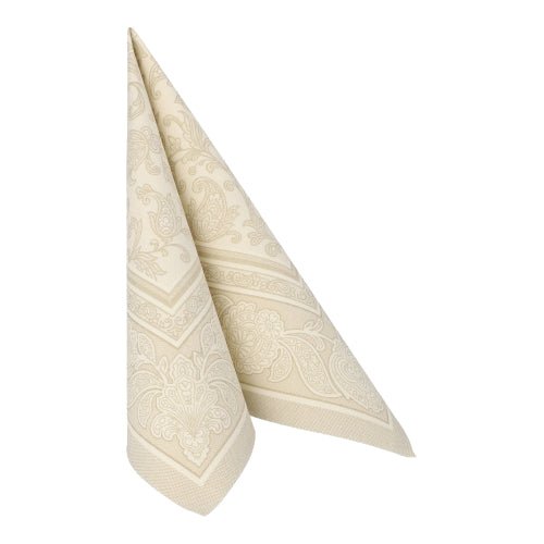 A folded PAPSTAR 50 napkins "ROYAL Collection" 1/4-fold 40 x 40 cm champagne from PAPSTAR GmbH stands upright and shows its elegant light pattern on a white background.