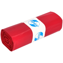 A rolled bundle of red EMIL DEISS KG 11702 garbage bags (Type 100, 575x1000 mm, 25 pieces) with a white "Premium" label in blue lettering; ideal for workshop construction site. The product is depicted on a plain, light background.