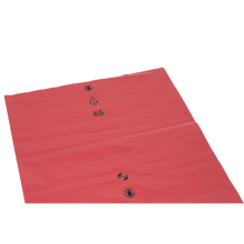 The red DEISS PREMIUM® 70L Recycling-LDPE garbage bag from EMIL DEISS KG (GmbH + Co.) is large, flat, and durable with three black printed symbols, including a 65 recycling symbol - perfect as an environmentally friendly garbage bag.