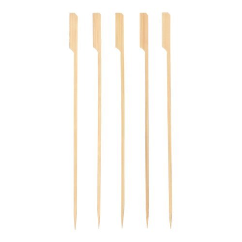 Five PAPSTAR grill skewers "pure" made of wood (25 cm) from PAPSTAR GmbH with a flat, beveled head and pointed tip lying side by side on a white background. Ideal for BBQ and grill parties, available in a cardboard tray (150 pieces).