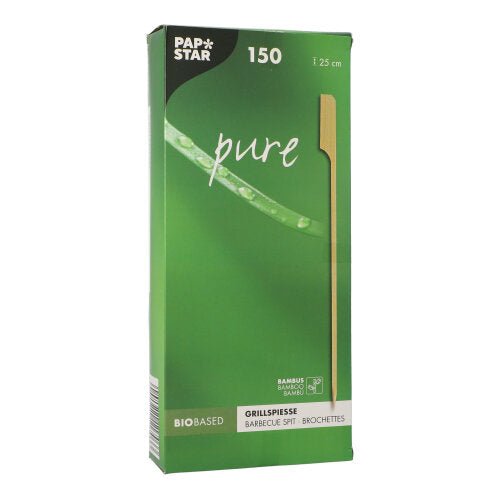 The green box from PAPSTAR GmbH contains 150 grill skewers "pure" (25 cm) made of bamboo, ideal for BBQ and grill parties. The front side shows a grill skewer and emphasizes the bio-based, environmentally friendly quality.