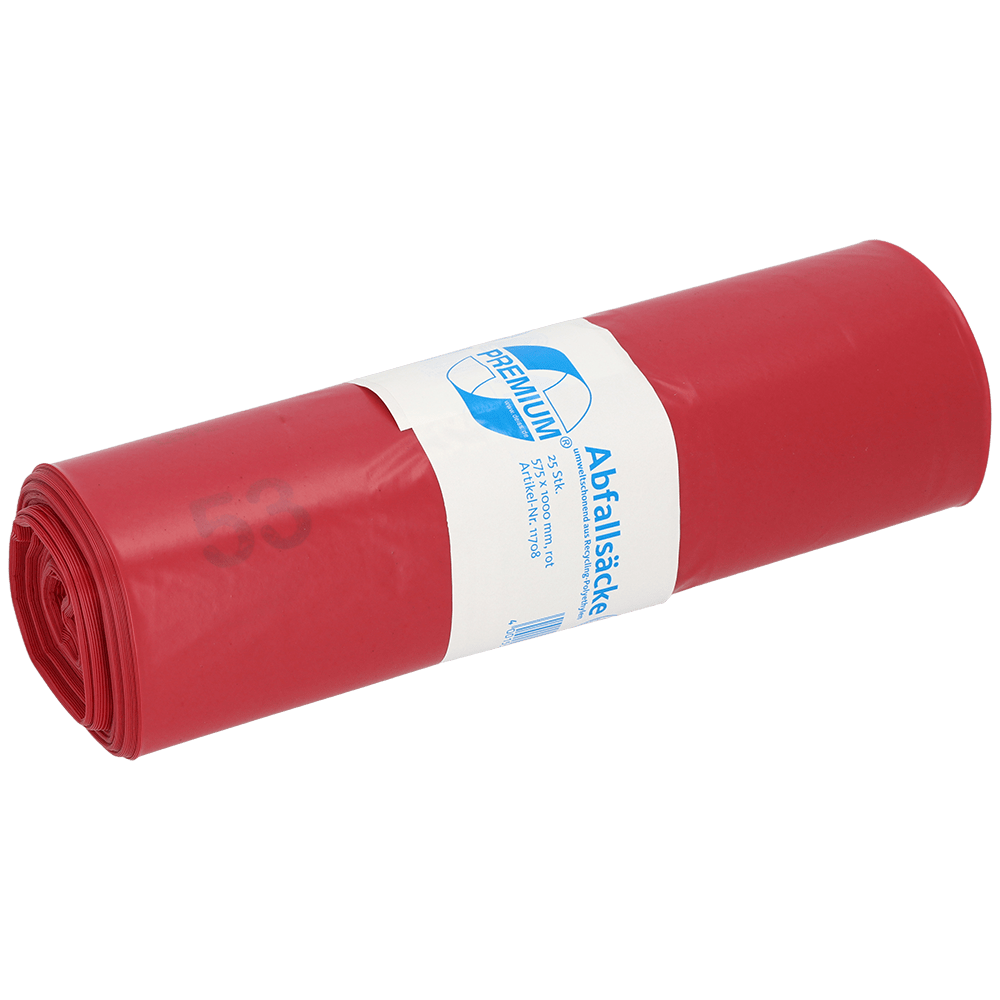 A roll of DEISS trash bags 575x1000x0.06 mm made of recycled LDPE 70 l from EMIL DEISS KG (GmbH + Co.) in red, packaged in a white label with blue text and graphics, depicted on a simple white background.