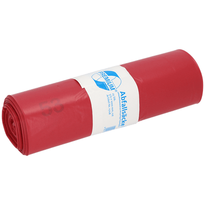 A roll of DEISS trash bags 575x1000x0.06 mm made of recycled LDPE 70 l from EMIL DEISS KG (GmbH + Co.) in red, packaged in a white label with blue text and graphics, depicted on a simple white background.