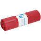 A roll of DEISS trash bags 575x1000x0.06 mm made of recycled LDPE 70 l from EMIL DEISS KG (GmbH + Co.) in red, packaged in a white label with blue text and graphics, depicted on a simple white background.